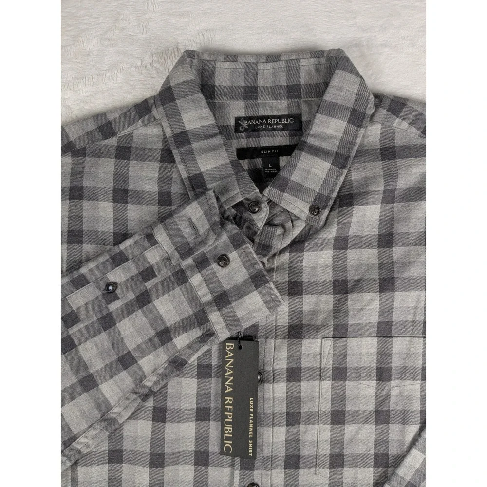 Banana Republic Luxe Flannel Shirt Mens L Slim Fit Gray Plaid‎ Button Down